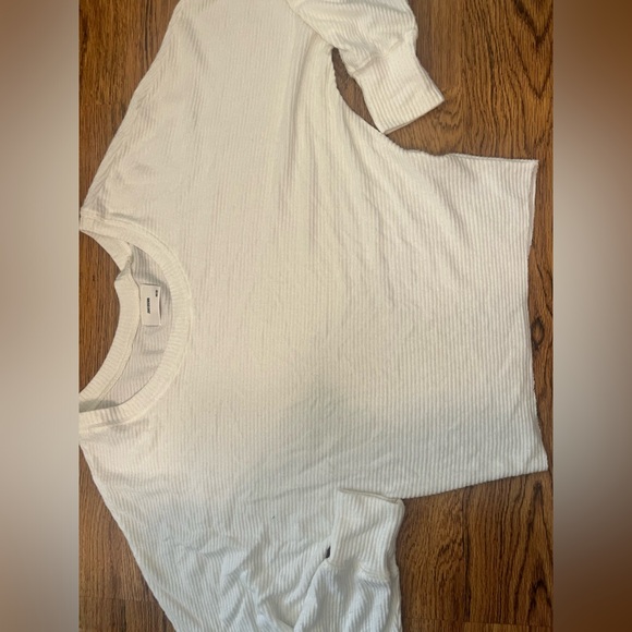 Joah Brown Slouchy Dolman off the shoulder ivory rib sweater knit fabric frayed - Picture 3 of 8